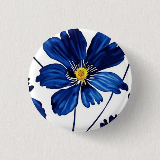 Navy blue floral ronde button 3,2 cm (Voorkant)