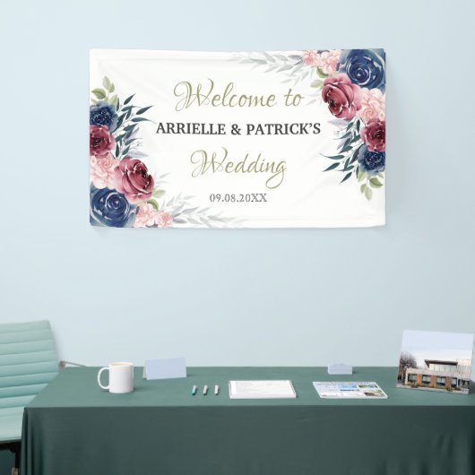 Navy Blue Floral Roos Blush Pink Wedding Backdrop Spandoek (Beurs)