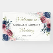 Navy Blue Floral Roos Blush Pink Wedding Backdrop Spandoek (Horizontaal)