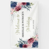 Navy Blue Floral Roos Blush Pink Wedding Backdrop Spandoek (Verticaal)