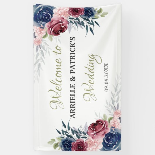 Navy Blue Floral Roos Blush Pink Wedding Backdrop Spandoek (Verticaal)