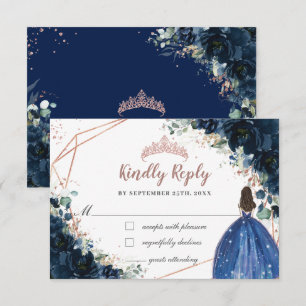 Navy Blue Floral Roos Gold Princess Quinceañera RSVP Kaartje
