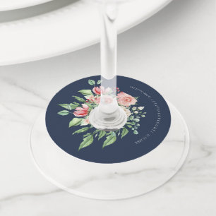 Navy Blue Floral Roze Bruiloft Wijnglas Label