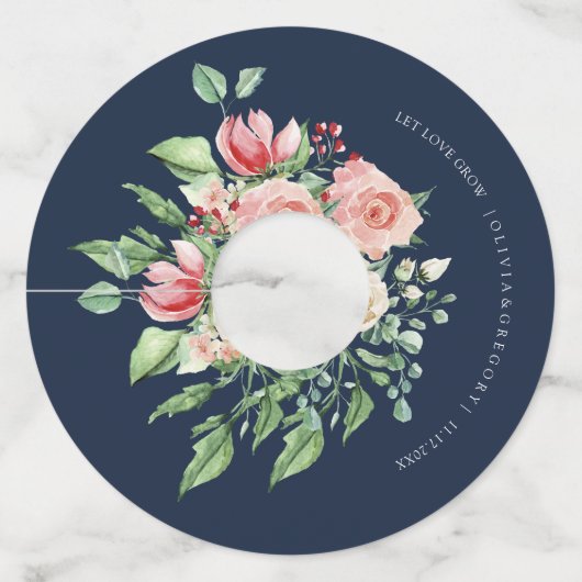 Navy Blue Floral Roze Bruiloft Wijnglas Label (Voorkant)