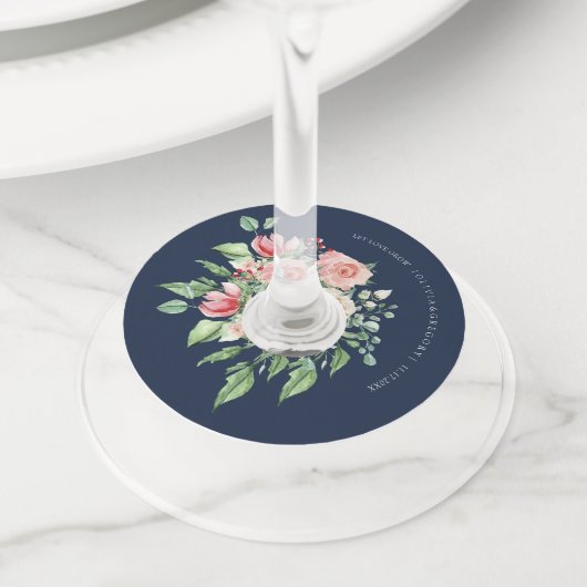 Navy Blue Floral Roze Bruiloft Wijnglas Label (Dichtbij)