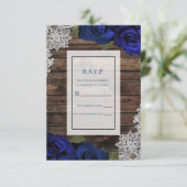 Navy Blue Floral Rozen Rustic Wood Lace RSVP Kaart (Staand voorkant)