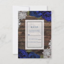Navy Blue Floral Rozen Rustic Wood Lace RSVP Kaart