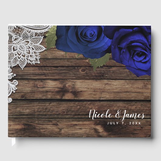 Navy Blue Floral Rozen Rustic Wood Weddenschap Gastenboek (Voorkant)