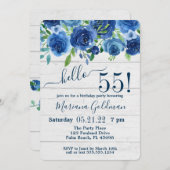 Navy Blue Floral Rustic 55th Birthday Party Kaart (Voorkant / Achterkant)