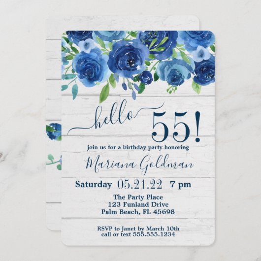 Navy Blue Floral Rustic 55th Birthday Party Kaart (Voorkant / Achterkant)