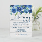 Navy Blue Floral Rustic 55th Birthday Party Kaart (Staand voorkant)