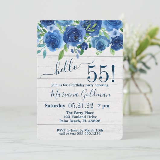 Navy Blue Floral Rustic 55th Birthday Party Kaart (Staand voorkant)