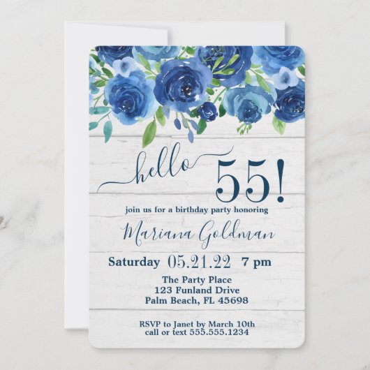 Navy Blue Floral Rustic 55th Birthday Party Kaart (Voorkant)