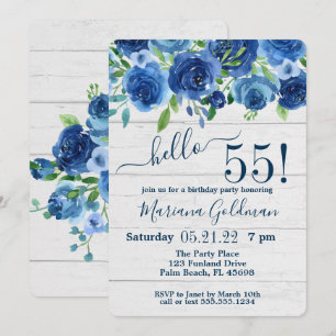 Navy Blue Floral Rustic 55th Birthday Party Kaart