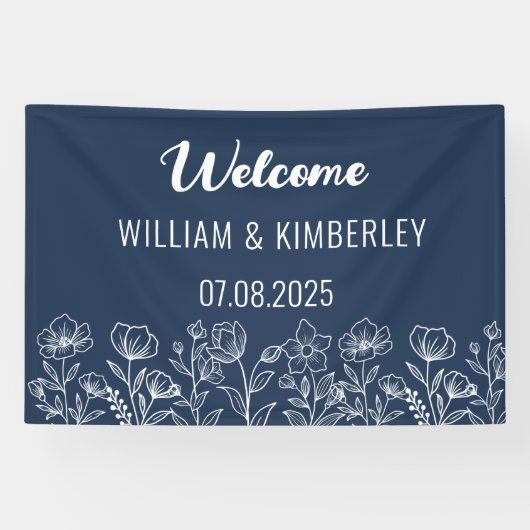 Navy Blue Floral Rustic Simple Modern Wedding Spandoek (Horizontaal)