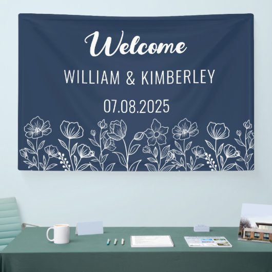 Navy Blue Floral Rustic Simple Modern Wedding Spandoek (Beurs)