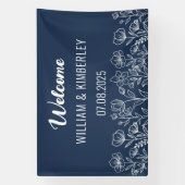 Navy Blue Floral Rustic Simple Modern Wedding Spandoek (Verticaal)