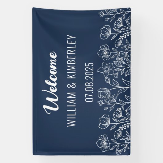 Navy Blue Floral Rustic Simple Modern Wedding Spandoek (Verticaal)