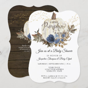 Navy Blue Floral Rustic White Pumpkin Baby shower Kaart