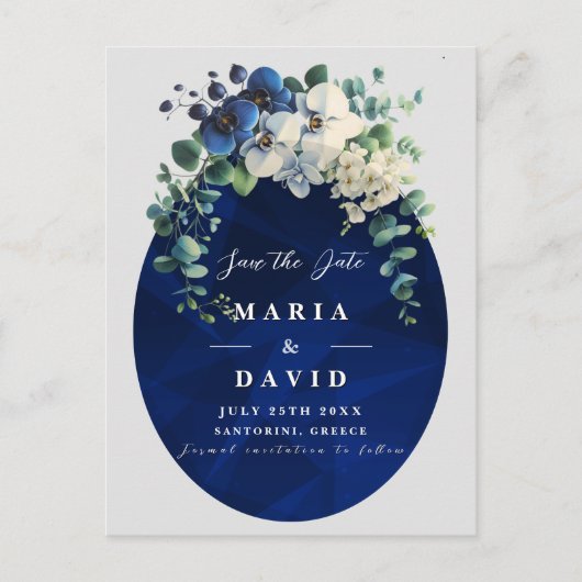 Navy Blue Floral Save the Date, Elegant Aankondigingskaart (Voorkant)