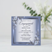 Navy Blue Floral Silver Grey Engagement Party Kaart (Staand voorkant)