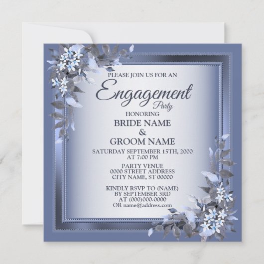 Navy Blue Floral Silver Grey Engagement Party Kaart (Voorkant)