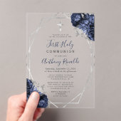 Navy Blue Floral Silver Lijst Eerste Heilige Commu Acryl Uitnodigingen (Insitu (Draagbaar))