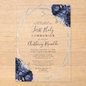 Navy Blue Floral Silver Lijst Eerste Heilige Commu Acryl Uitnodigingen (Voorkant)