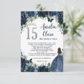 Navy Blue Floral Silver Quinceañera 15 Gebed Kaart (Staand voorkant)