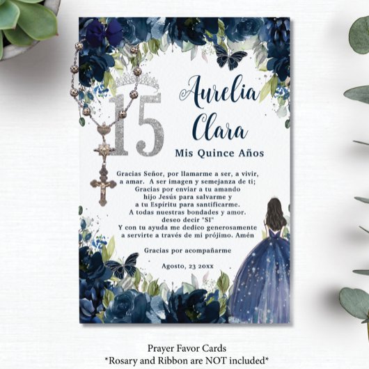 Navy Blue Floral Silver Quinceañera 15 Gebed Kaart