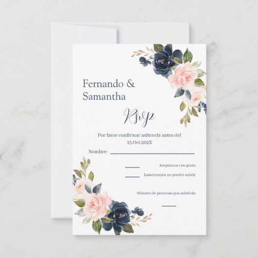 Navy Blue Floral Spaanse bruiloft RSVP kaart (Voorkant)