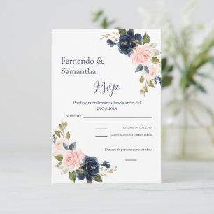 Navy Blue Floral Spaanse bruiloft RSVP kaart