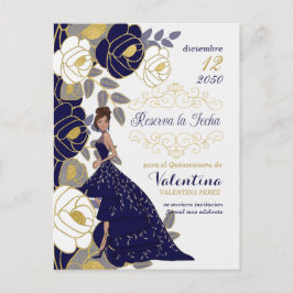 Navy Blue Floral Spain Quincanera Save the Date Aankondigingskaart