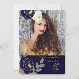 Navy Blue Floral Spain Quinceanera met foto Kaart