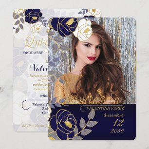 Navy Blue Floral Spain Quinceanera met foto Kaart