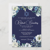 Navy Blue Floral Star van David Bat Mitzvah Kaart (Voorkant)