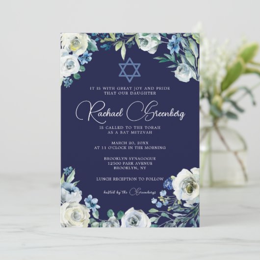 Navy Blue Floral Star van David Bat Mitzvah Kaart (Staand voorkant)