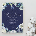 Navy Blue Floral Star van David Bat Mitzvah Kaart<br><div class="desc">Mooie witte pony bloemen en groene waterverf bladeren vormen een elegante grens aan deze marineblauwe florale Bat Mitzvah uitnodiging. De naam van je dochter staat op deze ceremonie in de vorm van een witte kalligrafie op een feestelijke uitnodiging onder de naam Star van David voor een joodse familie die een...</div>