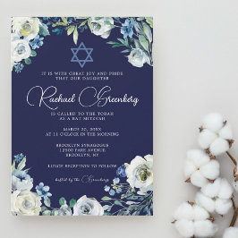 Navy Blue Floral Star van David Bat Mitzvah Kaart
