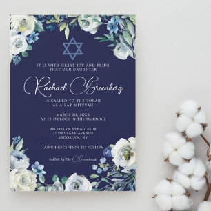 Navy Blue Floral Star van David Bat Mitzvah Kaart