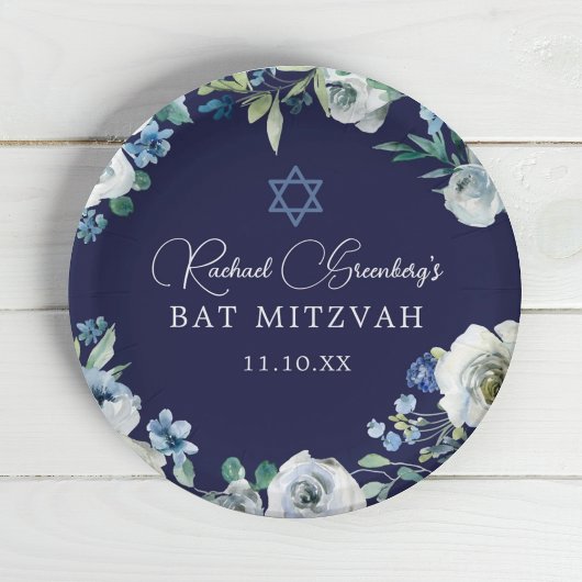Navy Blue Floral Star van David Bat Mitzvah Party Papieren Bordje