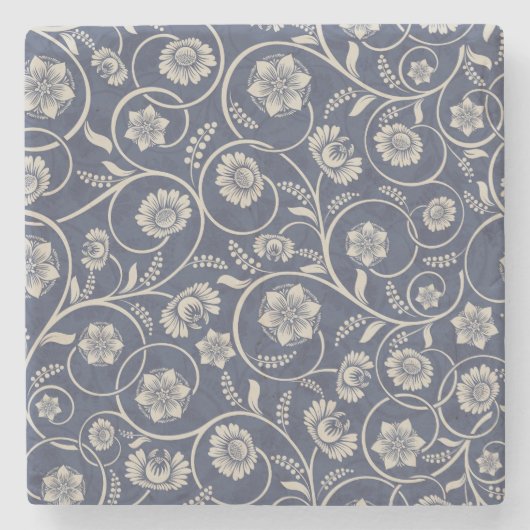 Navy Blue Floral Stenen Onderzetter (Voorkant)