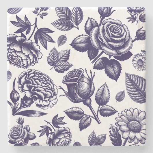 Navy Blue Floral Stenen Onderzetter (Voorkant)
