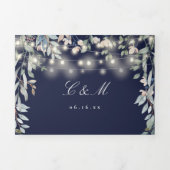 Navy Blue Floral String Lights Foto bruiloft Drieluik Uitnodiging (Cover)
