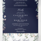 Navy Blue Floral String Lights Foto bruiloft Drieluik Uitnodiging (Binnenkant midden)