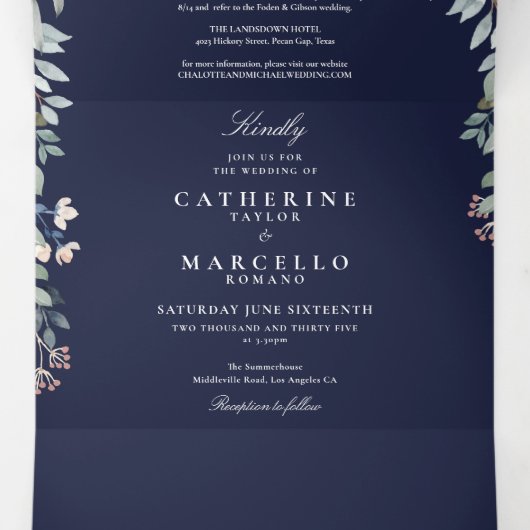 Navy Blue Floral String Lights Foto bruiloft Drieluik Uitnodiging (Binnenkant midden)