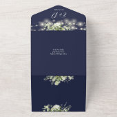Navy Blue Floral String Lights QR Code Wedding All In One Uitnodiging (Buitenkant)