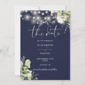 Navy Blue Floral String Lights QR Code Wedding Save The Date (Voorkant)