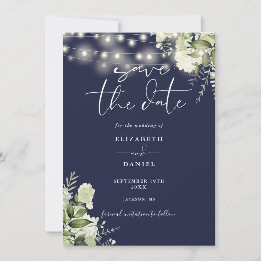 Navy Blue Floral String Lights QR Code Wedding Save The Date (Voorkant)