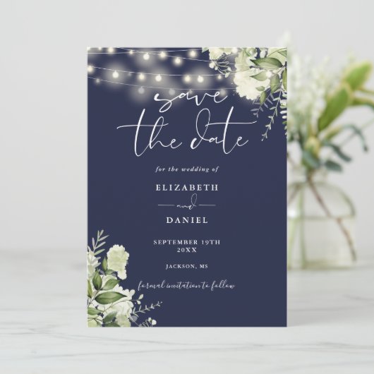 Navy Blue Floral String Lights QR Code Wedding Save The Date (Staand voorkant)